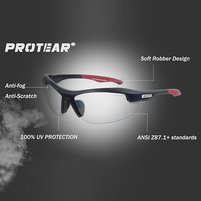 Clear Safety Glasses for Men and Women,Scratch Resistant Safety Goggles,ANSI Z87,100% UV Protection Eyewear,Anti-Fog Eye Protection for Workshop Shooting,Mowing,Sports,Hunting(Red Clear)