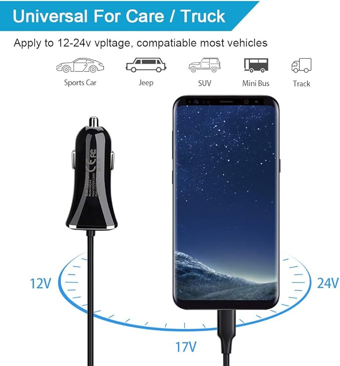 USB Type C Car Charger,Quick Charge 3.4A USB Car Adapter with 3ft Type C Charging Cable for Samsung Galaxy S23 Ultra S22 S21 S20 A10e A15 A14 A25 A54 A53 S10 S9 S8 Plus,Note 20/10,LG G8 G7 V40 V35 V60