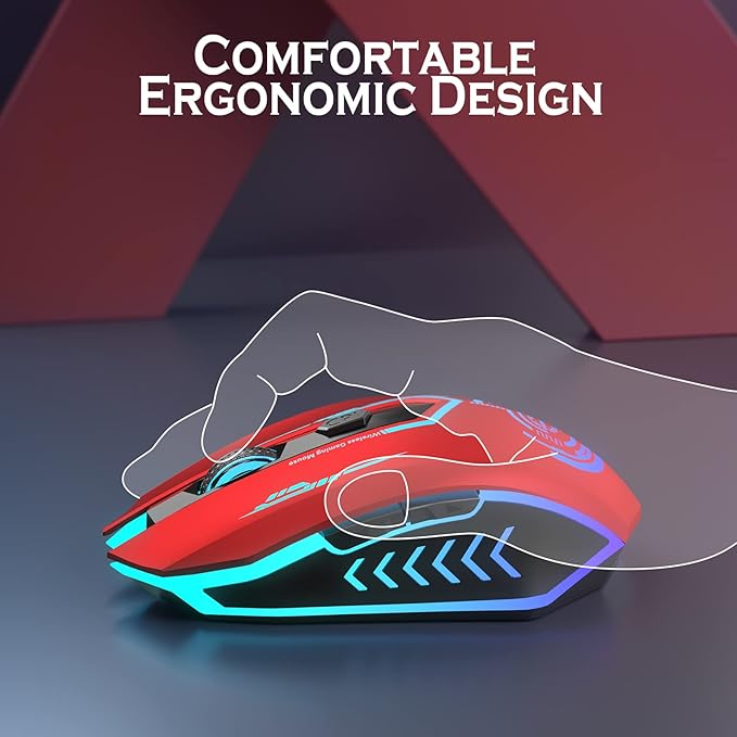 UHURU Gaming Mouse, Wireless Gaming Mouse with 6 Buttons 7 Changeable LED Color up to 10000 DPI, Rechargeable USB Gamer Mouse for PC Laptop (Red)