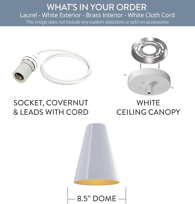 Steel Lighting Co. Laurel Pendant Light | Ceiling Mounted | 8.5 inch Cone Shade | Modern Contemporary Farmhouse Style Made in America | White Cloth Cord | White Exterior/Brass Interior