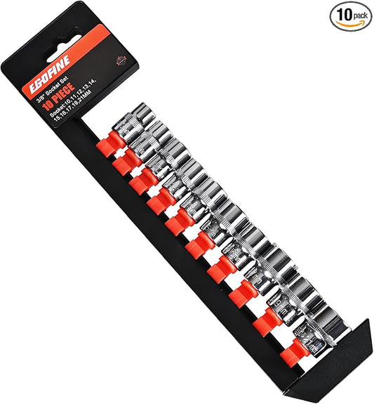 Egofine 10PCS 3/8” Drive Standard Socket Set,Shallow,Metric（10-21mm,6 Point Socket Set With Hanging Bracket,Cr-V Steel