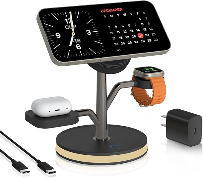 3 in 1 Charging Station for Apple Devices, Fast Charging Magsafe Charger Stand with LED Light and 20W PD Adapter, Wireless Nightstand Charger for iPhone16/15/14/13/12 Series& AirPods& iWatch and More