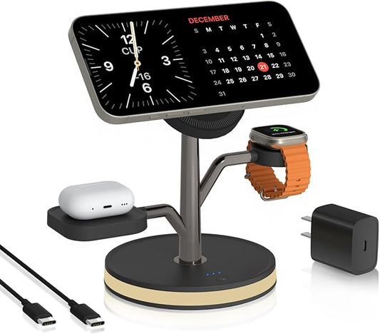 3 in 1 Charging Station for Apple Devices, Fast Charging Magsafe Charger Stand with LED Light and 20W PD Adapter, Wireless Nightstand Charger for iPhone16/15/14/13/12 Series& AirPods& iWatch and More