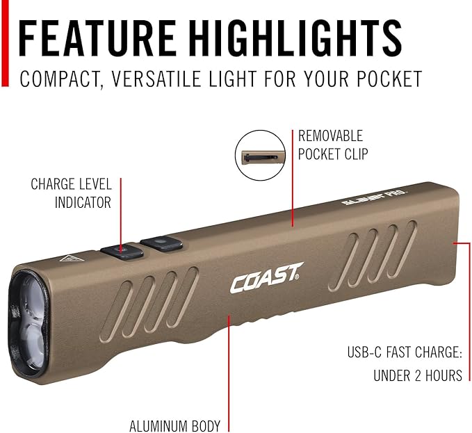 Coast Slayer 1150 Lumen USB-C Rechargeable LED Flashlight with Spot/Flood, Memory Mode and Pocket Clip, Dune