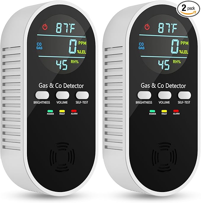 5-in-1 Carbon Monoxide Detectors, Natural Gas Leak Detector, Plug-in & Battery Backup Co Detector, HD Digital Display, CO Gas Temp Humidity Sensor, 2-Pcs, Black