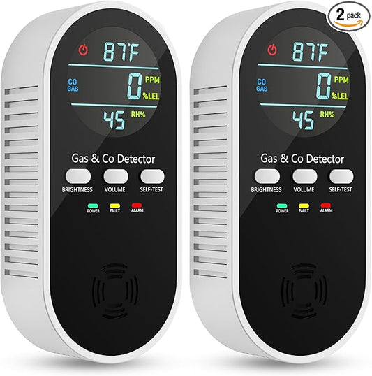 5-in-1 Carbon Monoxide Detectors, Natural Gas Leak Detector, Plug-in & Battery Backup Co Detector, HD Digital Display, CO Gas Temp Humidity Sensor, 2-Pcs, Black