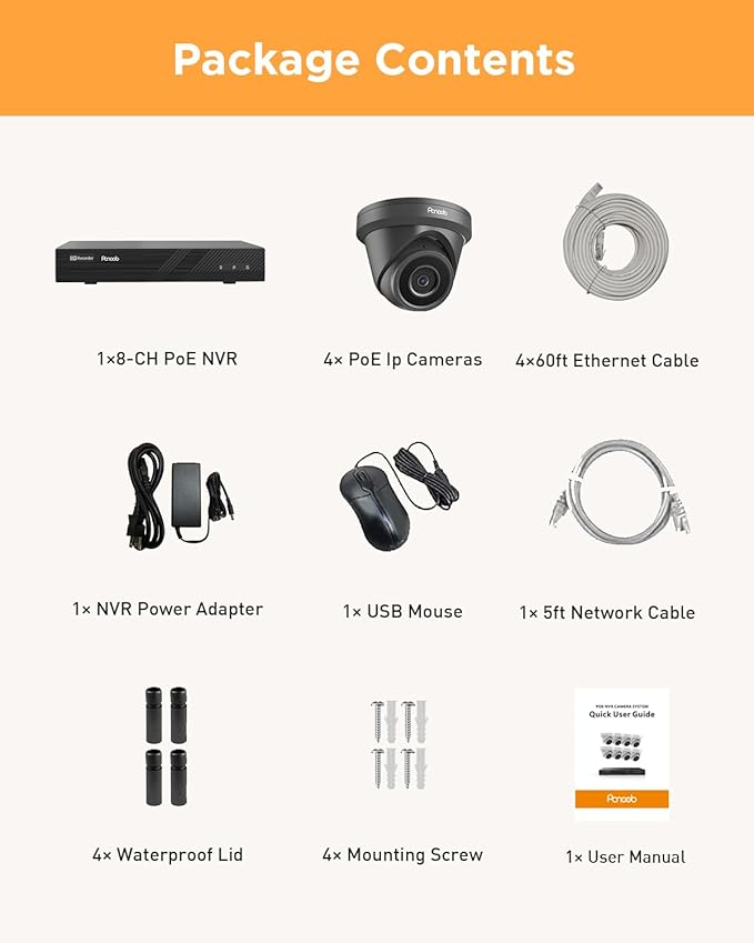 4 Camera Security System 5MP, 4X 5-Megapixel Wired IP Dome Turret Cameras Outdoor with AI Person Detection, Built-in Mic, Remote Access, 4K 8CH NVR 2TB HDD for 24-7 Recording, PD93A30408-5M