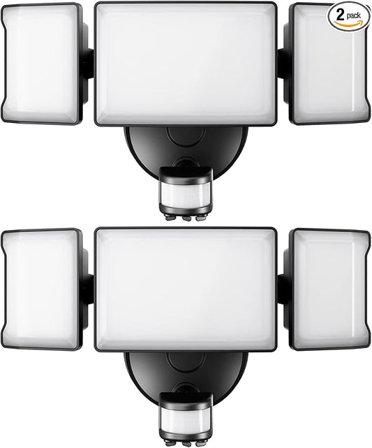 Olafus 65W Motion Sensor Outdoor Light, 2 Pack LED Security Light 6000LM, 6500K Exterior Motion Flood Light with 3 Adjustable Heads, for Outside Garage, Yard, Patio, IP65 Waterproof, Black