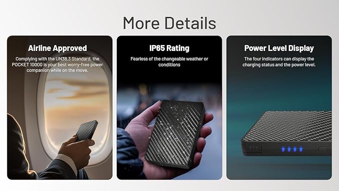 Nitecore Pocket 10000 Power Bank, 10000mAh Dual USB-C Ports for Phones, Flashlights, and Headlamps with Built-in USB-C Cable