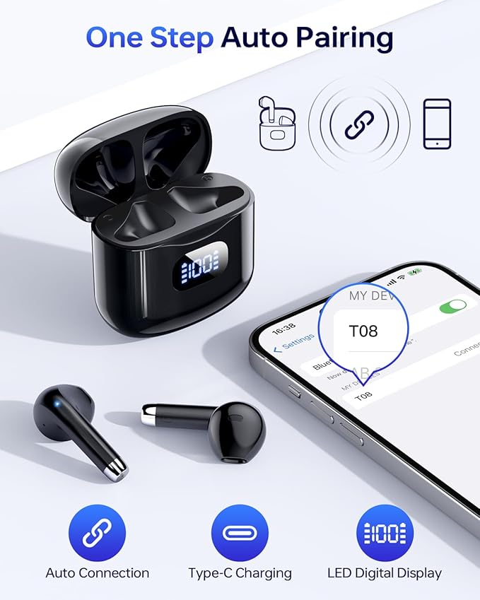Wireless Earbuds Bluetooth 5.3 Headphones, 40Hrs Playback Stereo Ear Buds with LED Display Charging Case IPX7 Waterproof in-Ear Earphones with Mic for Phone Tablet Laptop Sports, Glossy Black