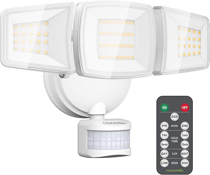 NOVOSTELLA Security Lights Motion Sensor, 1Pack LED Flood Lights Outdoor with Remote, Dusk to Dawn 45W 5000lm 5000K, 3 Heads Wired Wall Adjustable Floodlights, IP65 Waterproof for Garage Yard House
