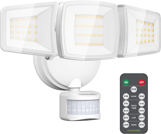 NOVOSTELLA Security Lights Motion Sensor, 1Pack LED Flood Lights Outdoor with Remote, Dusk to Dawn 45W 5000lm 5000K, 3 Heads Wired Wall Adjustable Floodlights, IP65 Waterproof for Garage Yard House