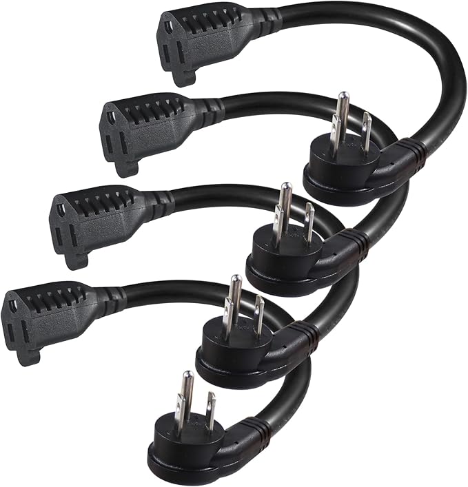 [4 Pack] Flat Plug Short Power Extension Cord - 6inch Black Low Profile Flat Head 3 Prong Grounded Indoor Extension Cord,16AWG 13amp Household Appliance Electrical Extension Cord with Flat Wall Plug