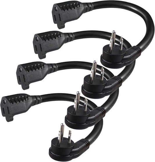 [4 Pack] Flat Plug Short Power Extension Cord - 6inch Black Low Profile Flat Head 3 Prong Grounded Indoor Extension Cord,16AWG 13amp Household Appliance Electrical Extension Cord with Flat Wall Plug