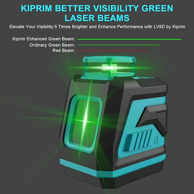 Kiprim Green Laser Level LV8D with Enhanced Visibility,5 Laser Lines,Adjustable Brightness,Manual/Self Leveling/Pulse Mode,Batteries and Carrying Pouch Included