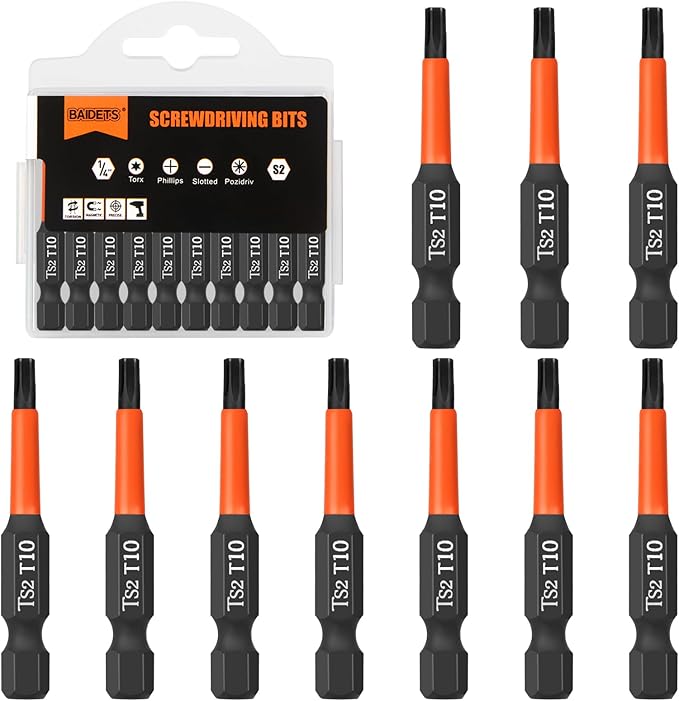 Pro T10 Screwdriver Bit Set - Torx Screwdriver 10 Pieces, 50mm Length, 1/4" Hex Shank Bit Assortment, with Storage Box