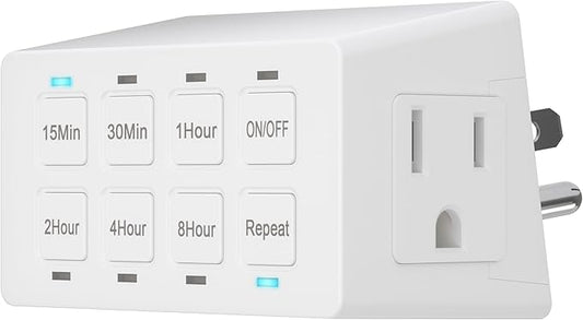 TG 8-Hour Indoor Countdown Plug-in Timer, Timer for Electrical Outlets, 15-30 Min 1-2-4-8 Hour, UL Listed, for Fans or Lights, 1/4 HP, White