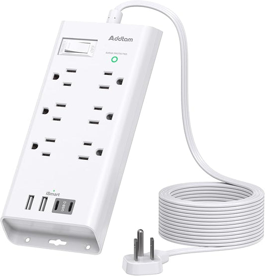 10ft Flat Plug Extension Cord, Surge Protector Power Strip With 6 Outlets and 4 USB Ports (2 USB C), Multiple Outlets for Home Dorm Room Essentials