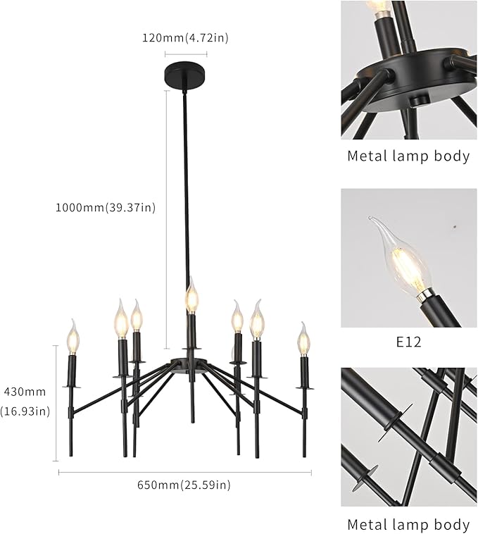9-Light Black Chandeliers, Vintage Farmhouse Candle Chandelier for Dining Room, E12 Base High Ceilings Hanging Pendant Lighting Lights Fixtures for Bedroom, Kitchen, Entryway, Living Room