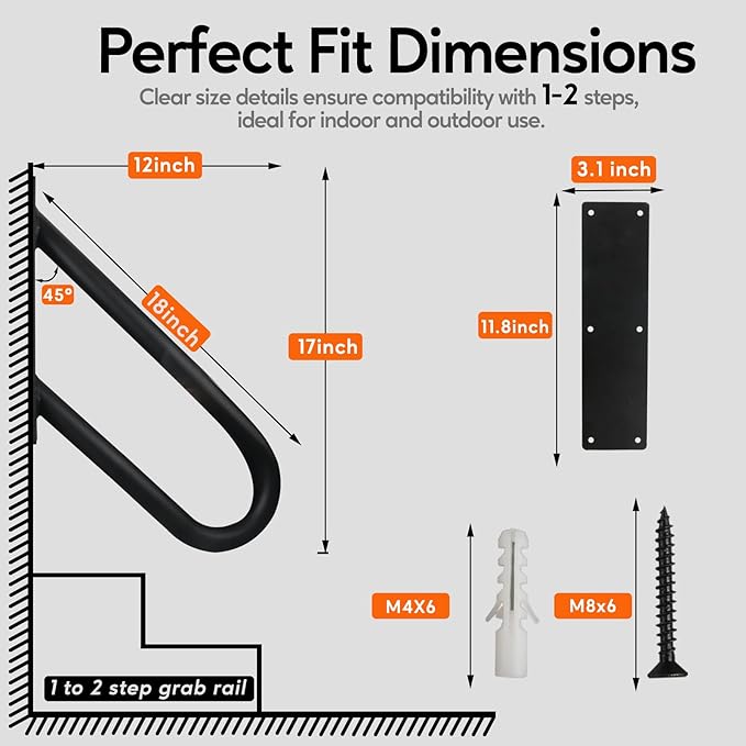 Outdoor Handrail for 1-2 Steps, 12" Length Wall Mount Stair Railing, 500LBS Strong U-Shaped Safety Grab Bar, Matte Black Metal