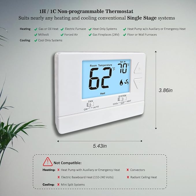 NonProgrammable Thermostat for Home, Digital Energy-Saving Thermostat,Single-Stage Systems, 1 Heat/1 Cool, Easy DIY Install,White Backlight
