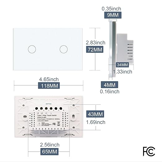 Light Switch No Neutral Wire,Single Live Wire Light Switch No WiFi,Tempered Glass Panel,Total Power Maximum 1000W,FCC Certification,White 2 Gang