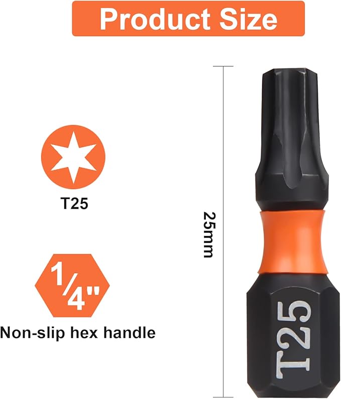 Pro T25 Bit Assortment - Screwdriver Bits Set 20Pcs, 25mm Length, Torx Screwdriver Bit, 1/4 Inch Hex Shank, with Storage Box
