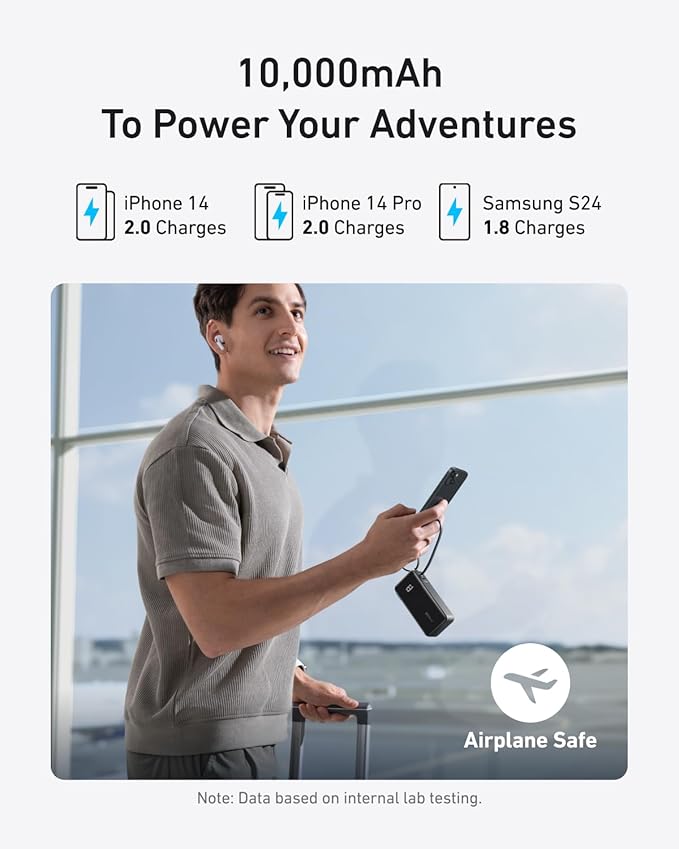 Anker Nano 3-in-1 Power Bank, Foldable AC Plug, 10,000mAh, 30W Two-Way Fast Charging, Built-in Lightning Cable (Not for iPhone 16/15 Series), Compatible with iPhone 14 Series, AirPods, and More
