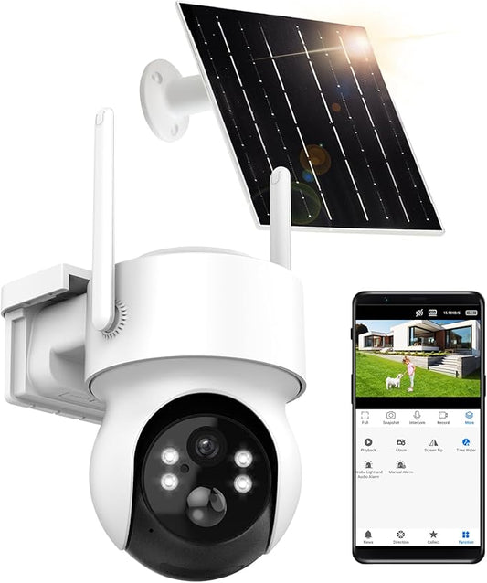 4MP Wireless Solar Security Camera Outdoor, 2K WiFi Home Surveillance PTZ Cam with with Floodlight, Human Detection, Siren Alarm, 98FT Night Vision, 2-Way Talk, 5W Solar Panel & Rechargeable Battery