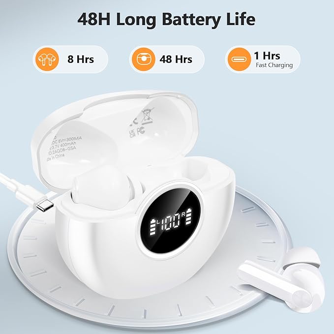 Wireless Earbuds 2025 NEW Bluetooth 5.4 Headphones Bass 3D Stereo, In-Ear Earphones with 4 ENC Noise Cancelling Mic, 48H Playtime with LED Display, IPX7 Waterproof for Laptop Pad Android iOS, White