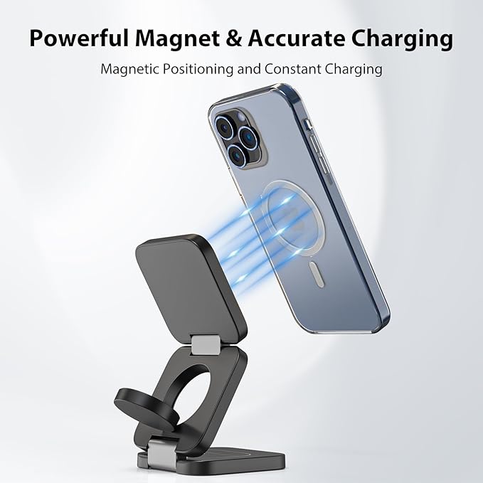 Fast Wireless Charger, Magnetic Foldable 3 in 1 Charging Station for iPhone 16/15/14/13/12/Pro/Plus/Pro Max, 5W Portable Charger for Apple Watch10/9/8/7/6/5/4/3/SE, for Airpods3/2/Pro-Black