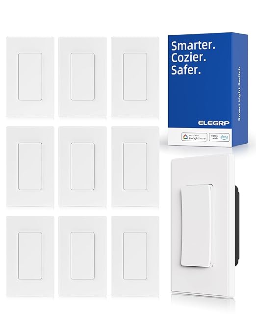ELEGRP Smart Light Switch, 2.4GHz Wi-Fi Light Switch Compatible with Alexa & Google Assistant, Neutral Wire Required, APP Control and Timer Schedule, UL Certified, Single Pole/3 Way, White, 10 Pack