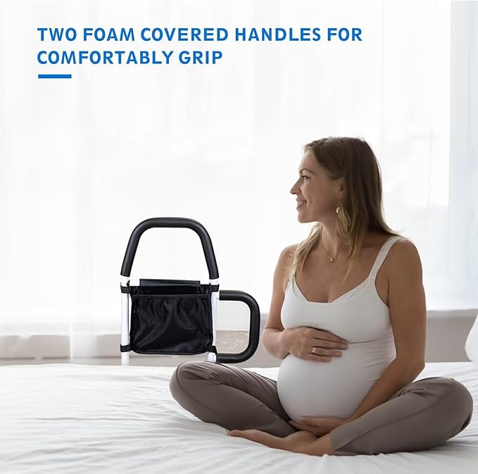 Bed Rails for Elderly Adults Safety - Bed Assist Rail with Dual Handles for Easy Getting in and Out of Bed, Bed Rail with Storage Pockets for King, Queen, Full, Twin - 300 lbs.