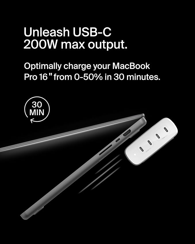 Belkin 4-Port USB C Charger Block 200W - GaN Multi-Port Charger USB-C PD 3.1 Fast Charge + 5ft Power Cord - MacBook, iPhone 16, iPad, Galaxy S25, Google Pixel, Nintendo Switch 2 - White