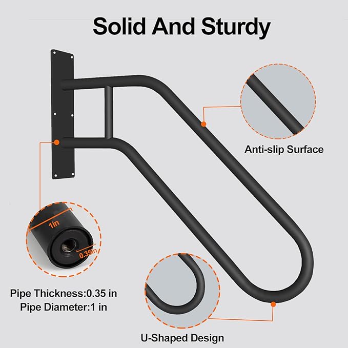 Outdoor Handrail for 1-3 Steps, 22.8" Length Wall Mount Stair Railing, 500LBS Strong U-Shaped Safety Grab Bar, Matte Black Metal