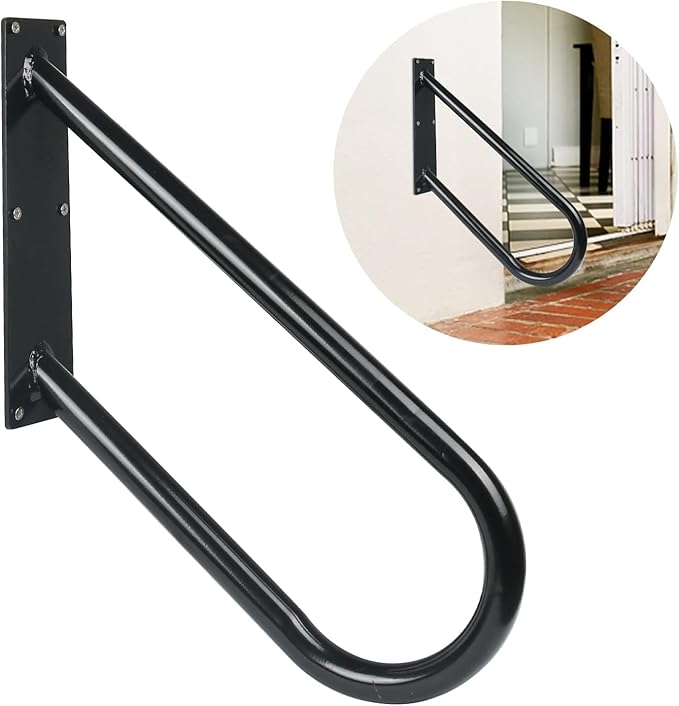 Handrails for Outdoor Steps,28" U-Shaped Handrails for 1-3 Steps,Wall-Mounted U-Shaped Metal Stair Railing with Non-Slip Texture,Stainless Steel Safety Handrail for Elderly Assist (Black)