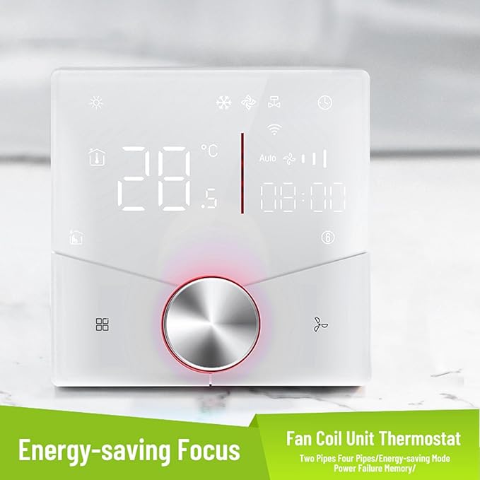 Central AC Thermostat Smart Energy Saving Control LED Panel Touch Key Thin Wall Mount Cool Lighting Effect WiFi Air Conditioner Thermostat for Home (White)