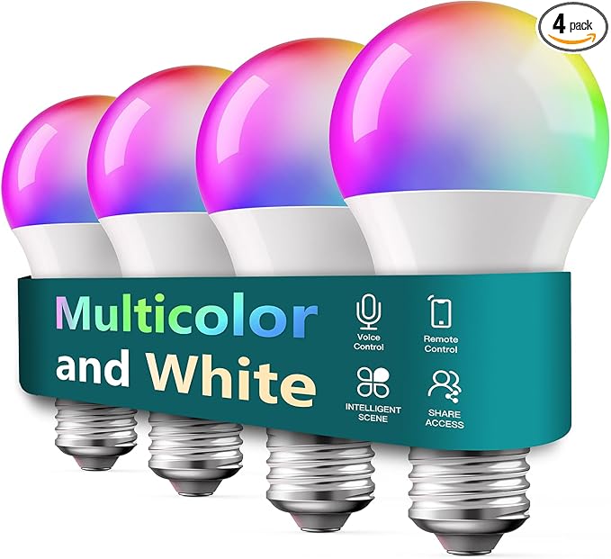 TREATLIFE Smart Light Bulbs 4 Pack, UL Certified 2.4GHz Color Changing Light Bulb, Works with Alexa Google Home, A19 E26 Dimmable LED Light Bulb 9W 800 Lumen for Party Decoration, Smart Home Lighting
