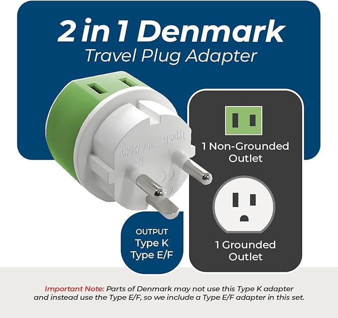 OREI Denmark Power Plug Adapter with 2 USA Inputs - Travel 3 Pack - 1 Type K & 2 Type E/F Safe Grounded Use with Cell Phones, Laptop, Camera Chargers, CPAP, and More