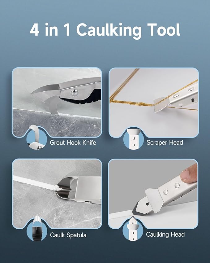 Caulking Tool Kit, Stainless Steel Caulk Remover Tool, 4 in 1 Grout Removal Tool for Bathroom, Kitchen, Floor, Window, Sink Joint, Frames Seal