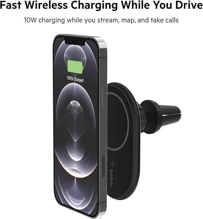 Belkin MagSafe-Compatible Magnetic Wireless Car Charger 10W - BoostCharge Pro Wireless Charger, Magnetic Car Vent Phone Mount for iPhone 16, iPhone 15, 14, & 13 Series - Black