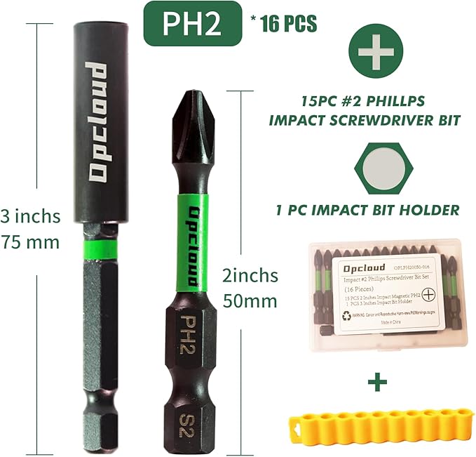 Impact #2 Phillips Screwdriver Bit Set, 16 Pieces 2”S2 Steel Magnetic PH2 Tips Driver Power Bit Set with Extension Impact Bit Holder