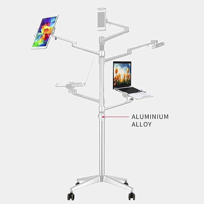 Triple arm Height Adjustable Stand Mount with Rolling Wheel for Laptop(11-17 inch) and Compatible with ipad iPad pro 12.9 inch/Tablet/Ereader