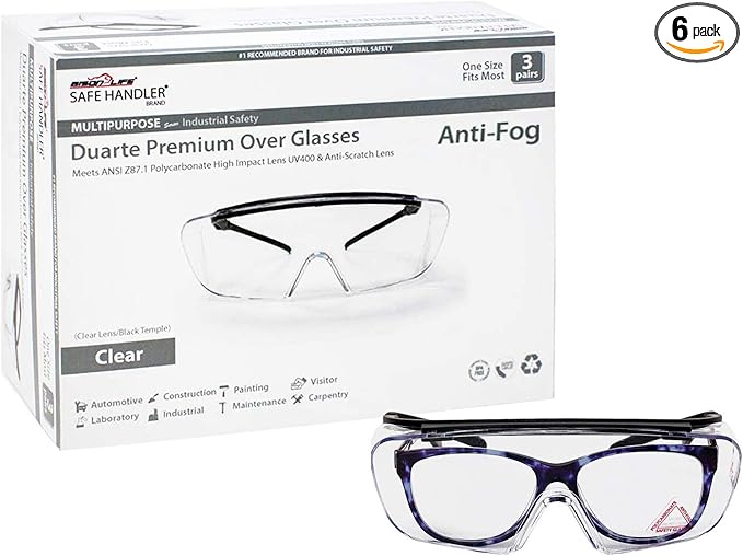 Duarte Premium Over Glasses 3 PAIRS | ANSI Z87.1, Impact Resistant Polycarbonate Lens, UV400, Anti-Fog & Anti-Scratch, Box of 3