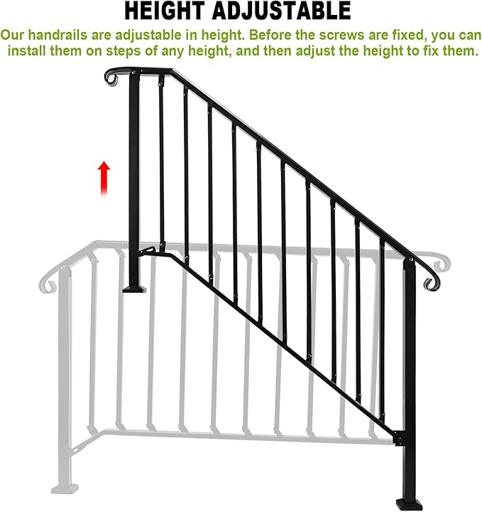Adjustable Handrails for Outdoor Steps, Handrail Picket #4 Fits 4 or 5 Steps, Mattle Wrought Iron Handrail, Stair Rail with Installation Kit for Outdoor Steps