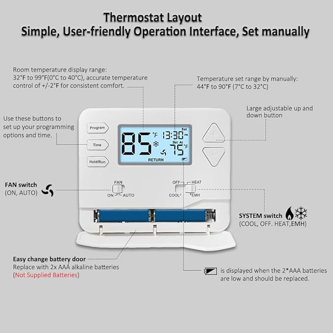 Thermostat for Heat Pump,Programmable Thermostat for Home,Single-Stage Systems,2 Heat/1 Cool Heat Pump Or 1 Heat/1 Cool,Easy DIY Install,White Backlight