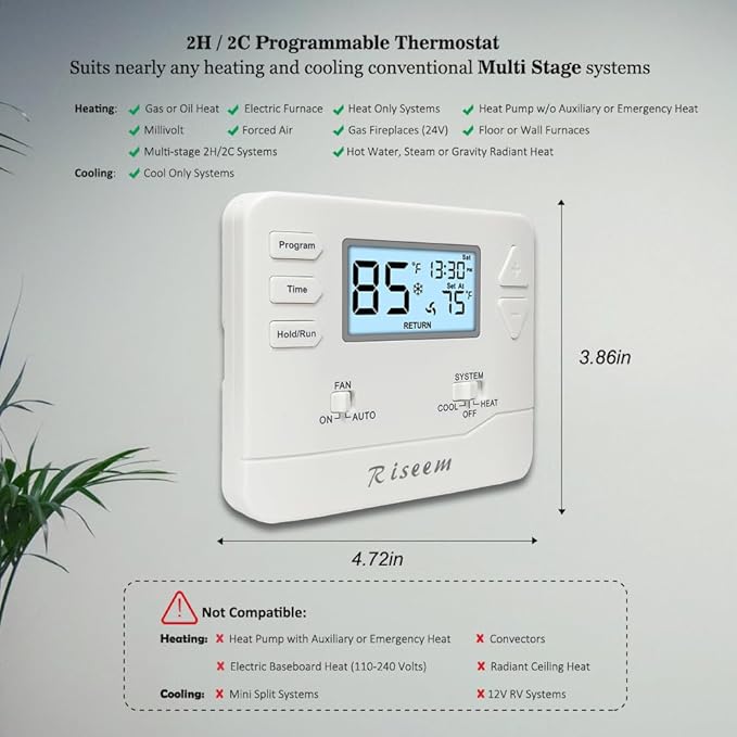 Programmable Thermostat for House,5-1-1 Day Programmable,Multi-Stage,Digital Energy-Saving Thermostat,2 Heat/2 Cool, Advanced Thermostat for Enhanced Home HVAC Systems，White Backlight