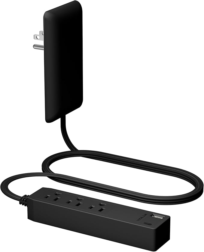 LIDER Outlet Extender with 3 Receptacles, 12W USB Type-A, and USB Type-C, Ultra-Thin Wall Plate Plug with Cord Extender, 3-Outlet Power Strip, Flat-Face, Slim Design, ETL-Listed, 3ft Cord, Black
