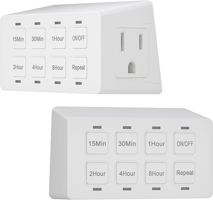 TG 8-Hour Indoor Countdown Plug-in Timer, Timer for Electrical Outlets, 15-30 Min 1-2-4-8 Hour, for Fans or Lights, UL Listed, 1/4 HP, 2 Pack