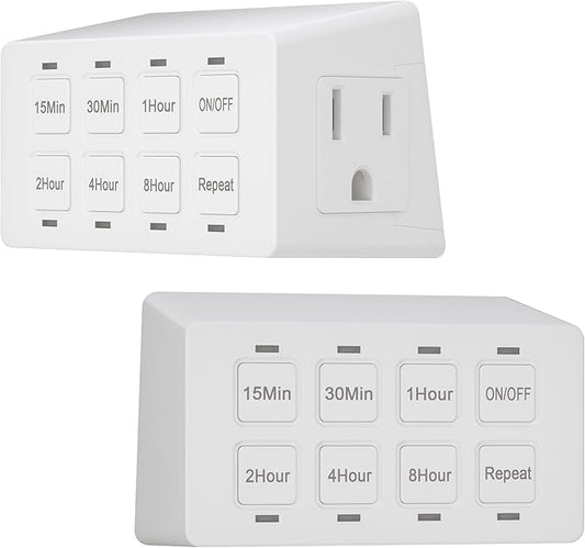 TG 8-Hour Indoor Countdown Plug-in Timer, Timer for Electrical Outlets, 15-30 Min 1-2-4-8 Hour, for Fans or Lights, UL Listed, 1/4 HP, 2 Pack